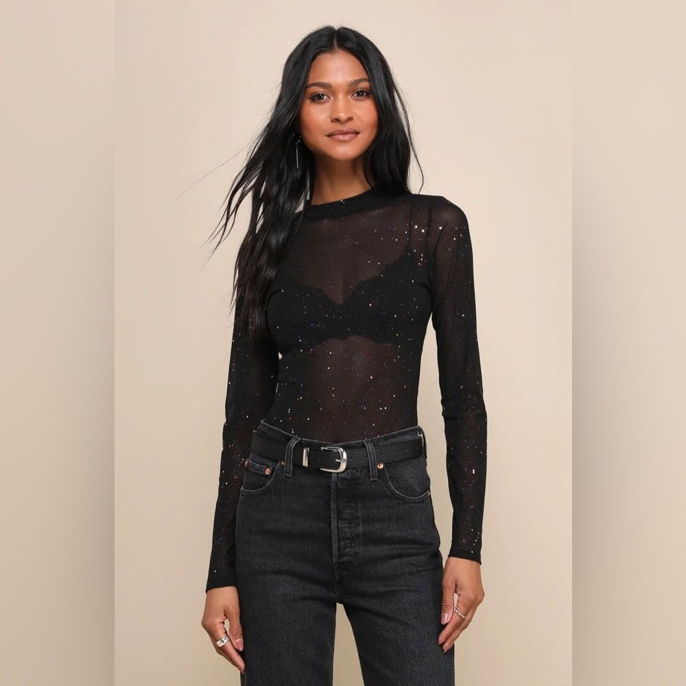 Lulus Strike an Attitude Black Mesh Multi Embellished Mesh Bodysuit